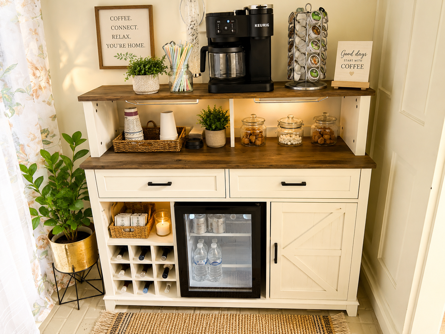 Farmhouse-style coffee and refreshment bar