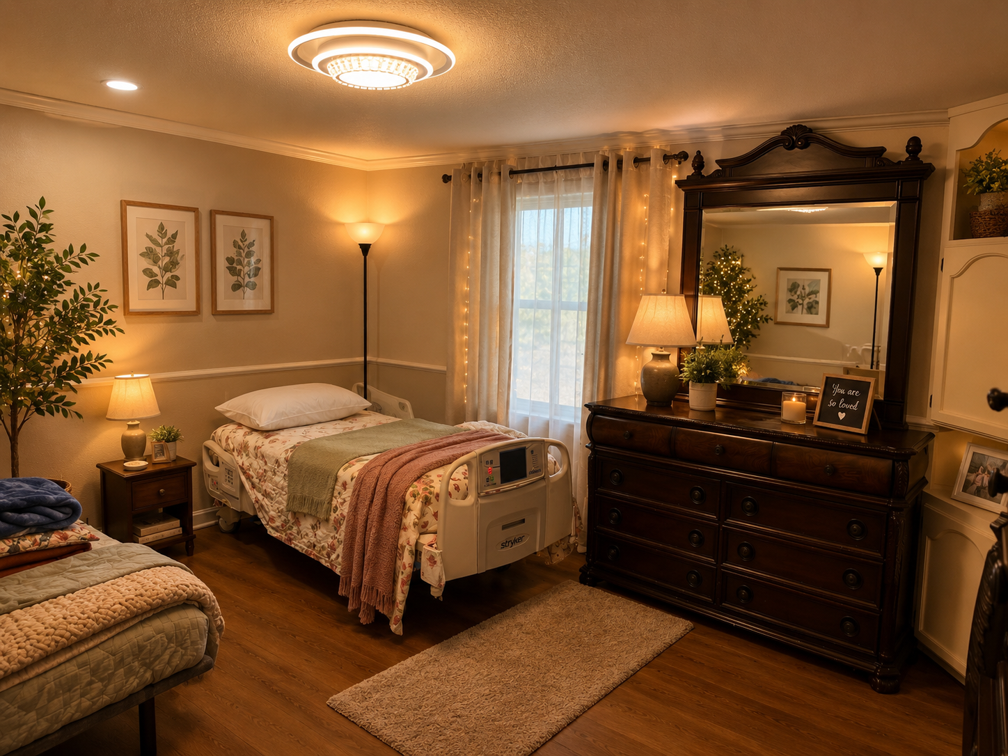 Warmly lit resident bedroom with hospital bed and antique dresser
