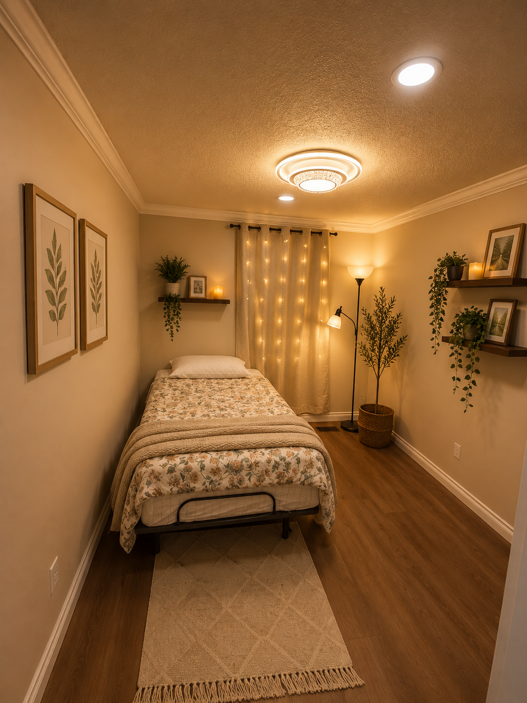 Cozy private bedroom with soft lighting and botanical art
